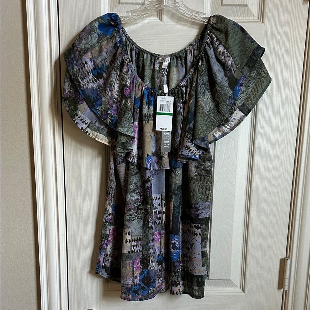 Spense Floral Ruffle Blouse - Blue and Green - NWT